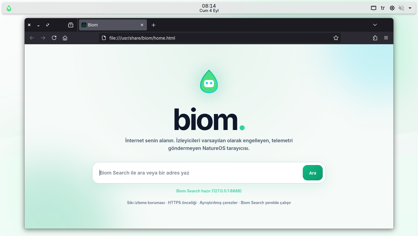 Biom tarayıcısının başlangıç sayfası ve arama kutusu